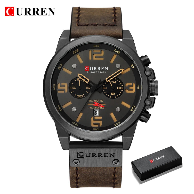 CURREN-Relógio de couro impermeável masculino, relógio de luxo