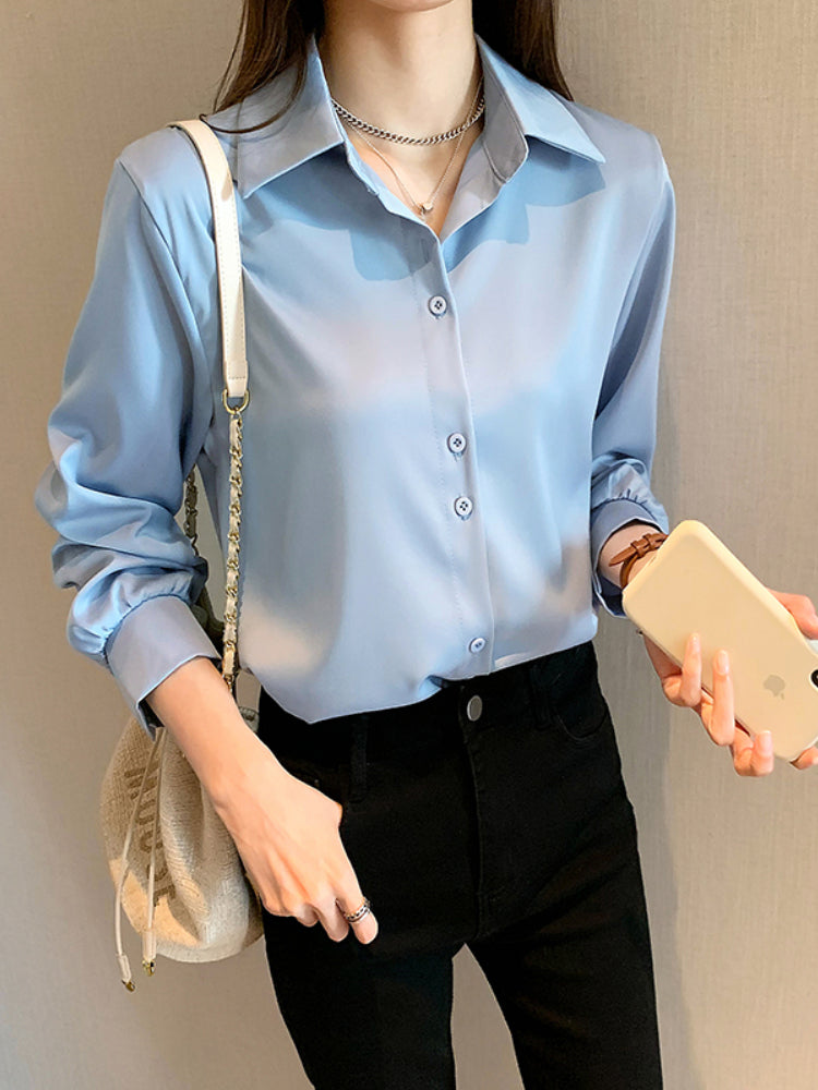 Camisa casual feminina de chiffon, manga comprida, blusa solta